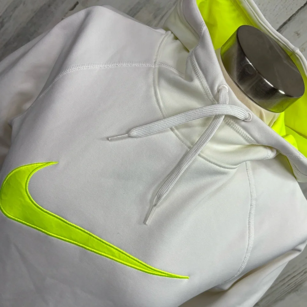Nike Dri-Fit White Hoodie with Neon Yellow Swoosh‎